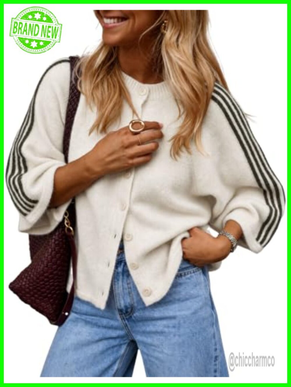 Oversized Striped Button Front Cardigan 3/4 Sleeve Knit Sweater